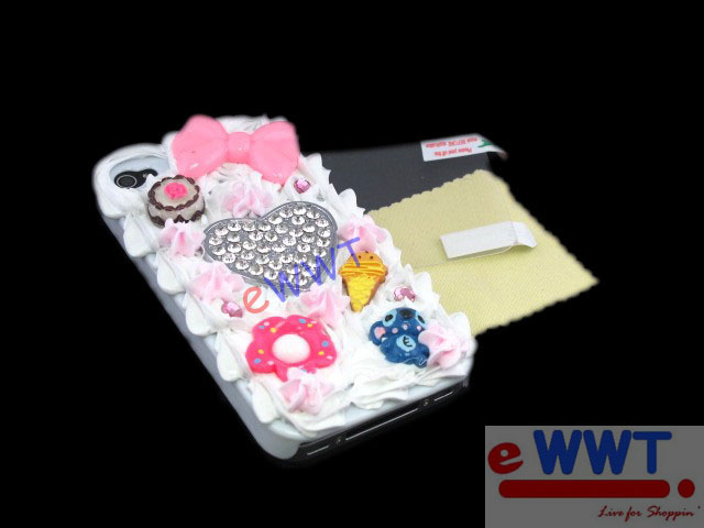 3D Cute Heart Cream Cake Back Cover Hard Case +Film for iPhone 4 S 4G 